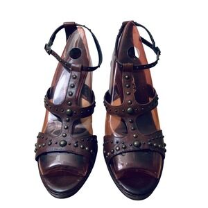 Via Spiga Brown Leather Studded Platform Sandals Heels Made in Italy 6.5M